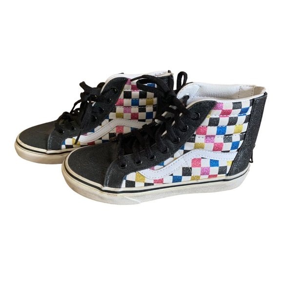 Size 2.5 VANS High tops sparkle Glitter checkered multicolor Zip Back Lace Up - Picture 1 of 6